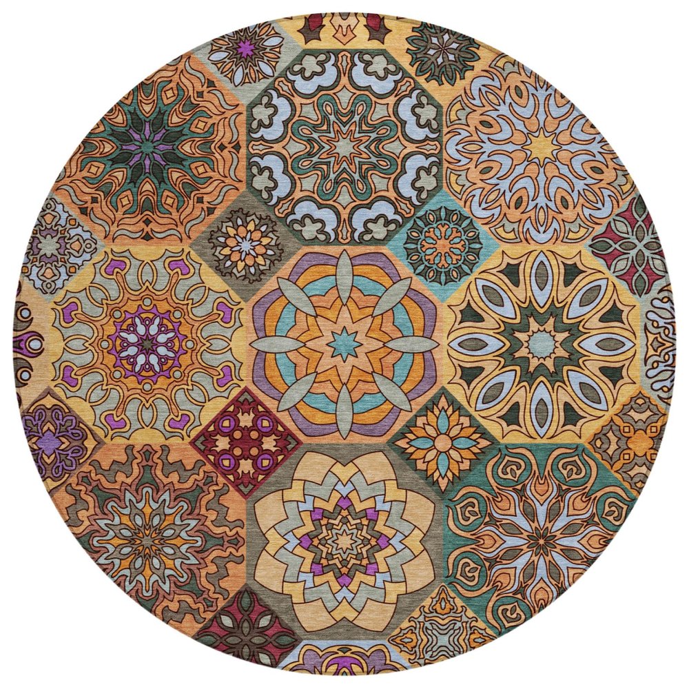 8' Orange And Rust Round Patchwork Washable Indoor Outdoor Area Rug — view 1