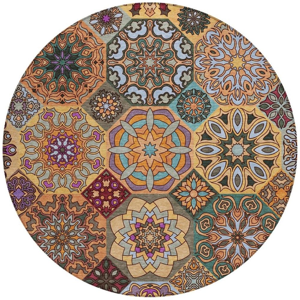 8' Orange And Rust Round Patchwork Washable Indoor Outdoor Area Rug — view 5