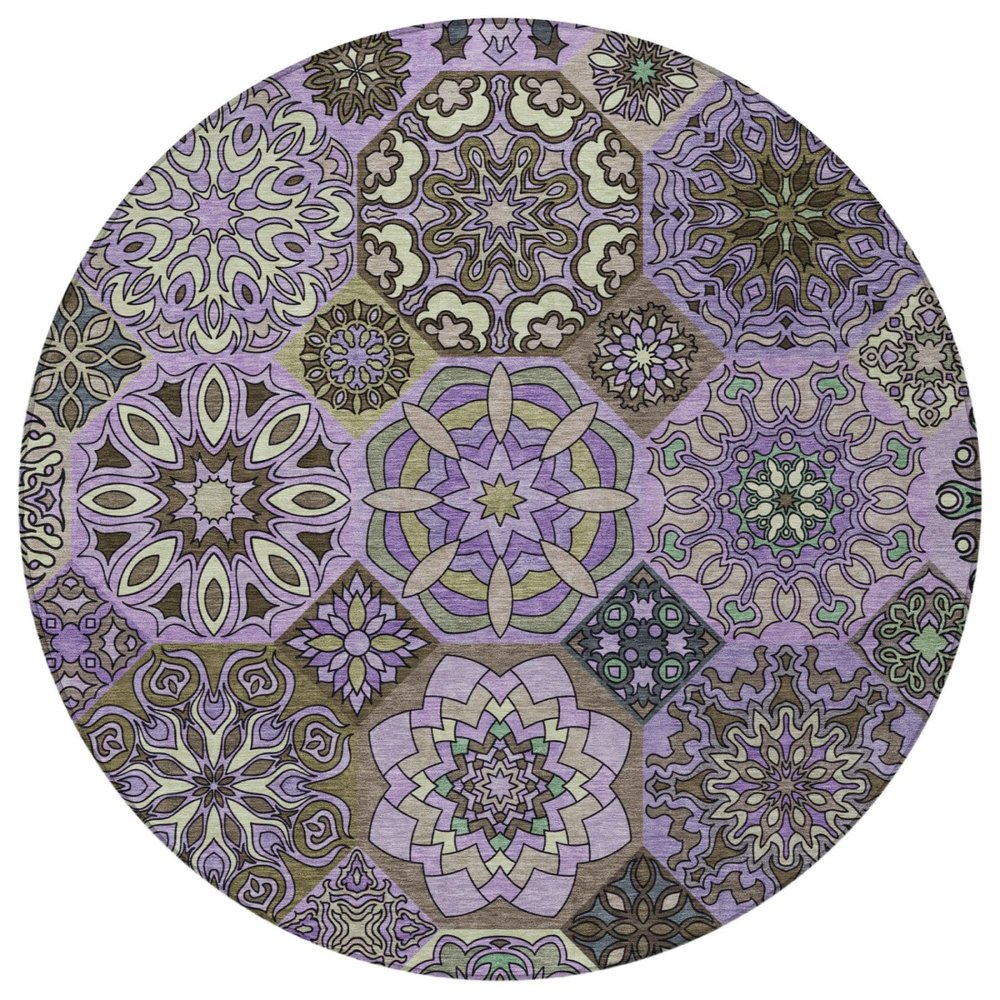 8' Purple And Graphite Round Patchwork Washable Indoor Outdoor Area Rug
