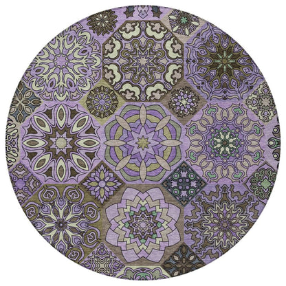 8' Purple And Graphite Round Patchwork Washable Indoor Outdoor Area Rug