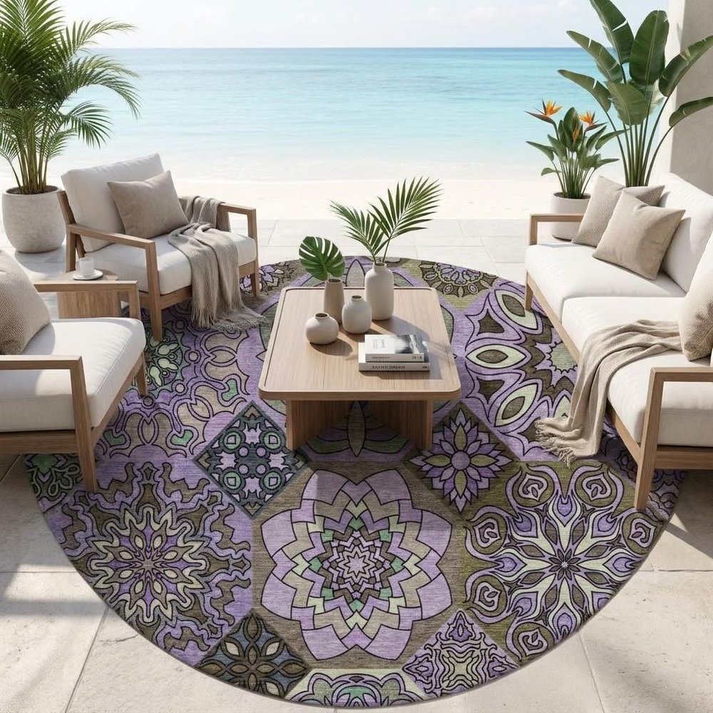 8' Purple And Graphite Round Patchwork Washable Indoor Outdoor Area Rug — view 7