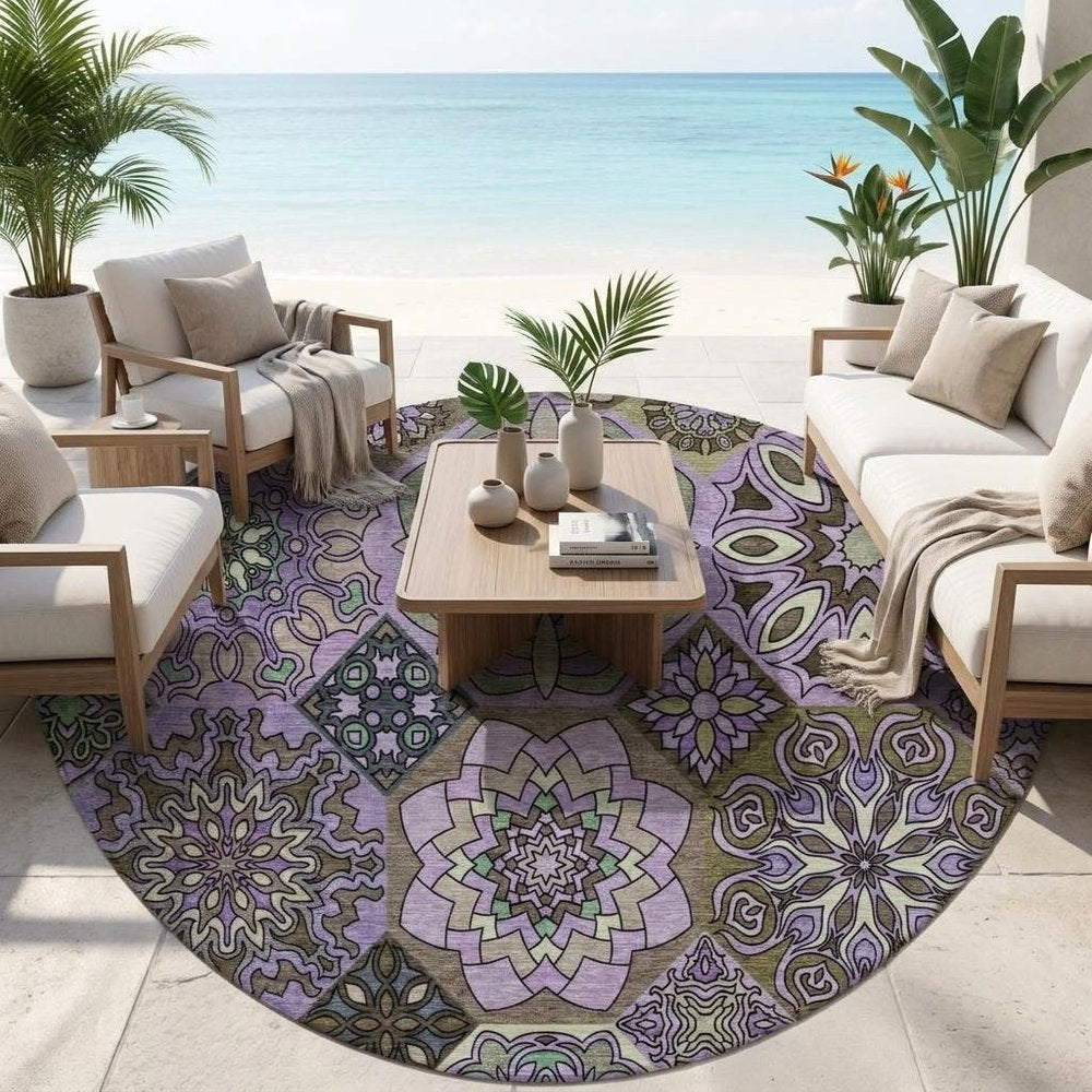 8' Purple And Graphite Round Patchwork Washable Indoor Outdoor Area Rug HomeRoots