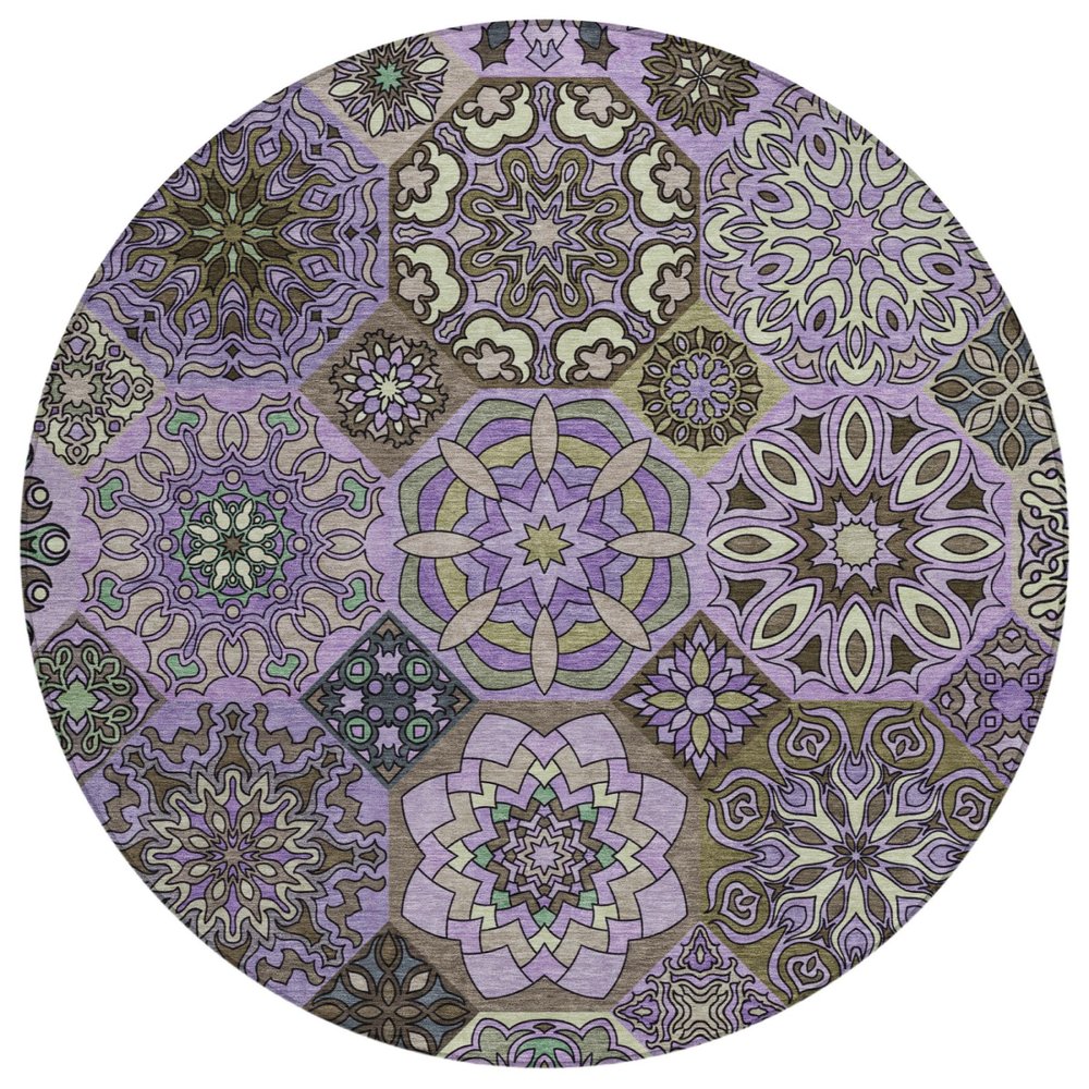 8' Purple And Graphite Round Patchwork Washable Indoor Outdoor Area Rug — view 1