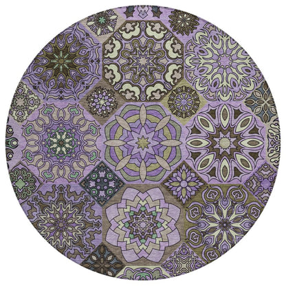 8' Purple And Graphite Round Patchwork Washable Indoor Outdoor Area Rug HomeRoots