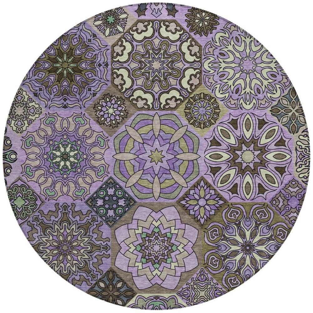 8' Purple And Graphite Round Patchwork Washable Indoor Outdoor Area Rug