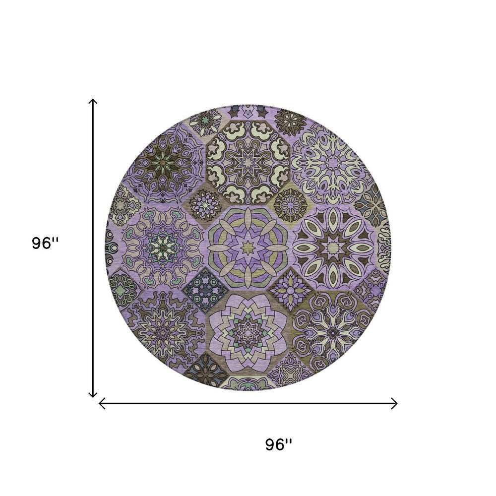 8' Purple And Graphite Round Patchwork Washable Indoor Outdoor Area Rug HomeRoots