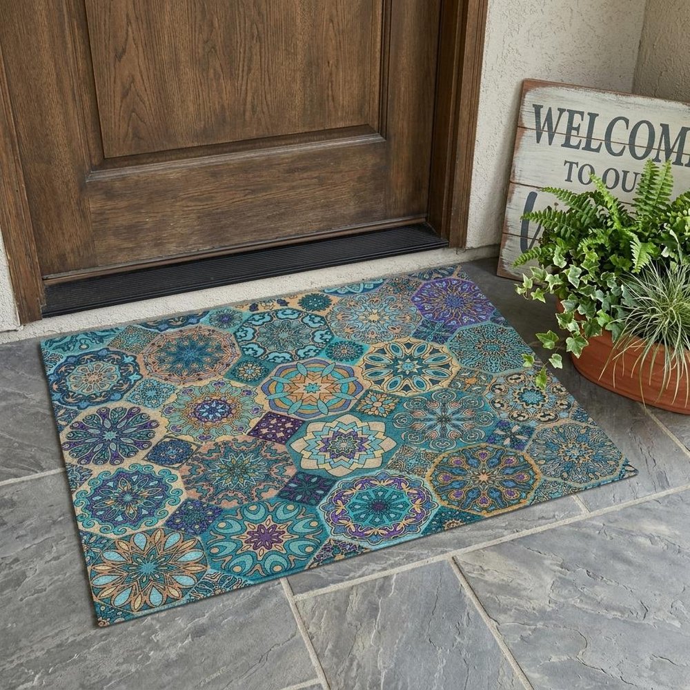 3' X 5' Teal Blue And Turquoise Patchwork Washable Indoor Outdoor Area Rug — view 5