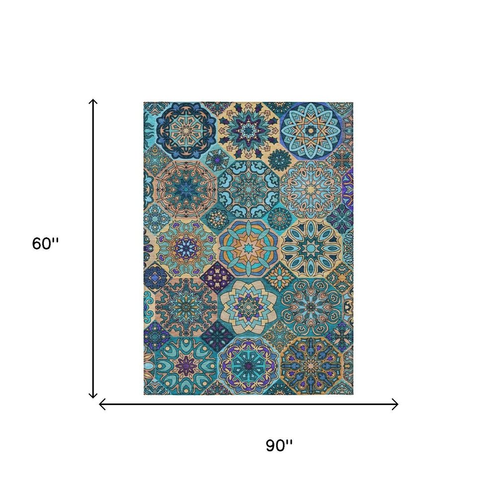 5' X 8' Teal Blue And Turquoise Patchwork Washable Indoor Outdoor Area Rug — view 4