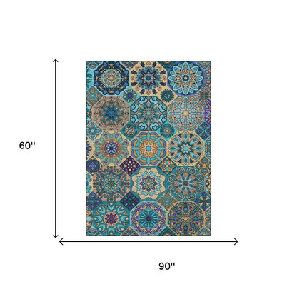 5' X 8' Teal Blue And Turquoise Patchwork Washable Indoor Outdoor Area Rug HomeRoots