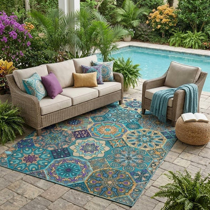 5' X 8' Teal Blue And Turquoise Patchwork Washable Indoor Outdoor Area Rug HomeRoots
