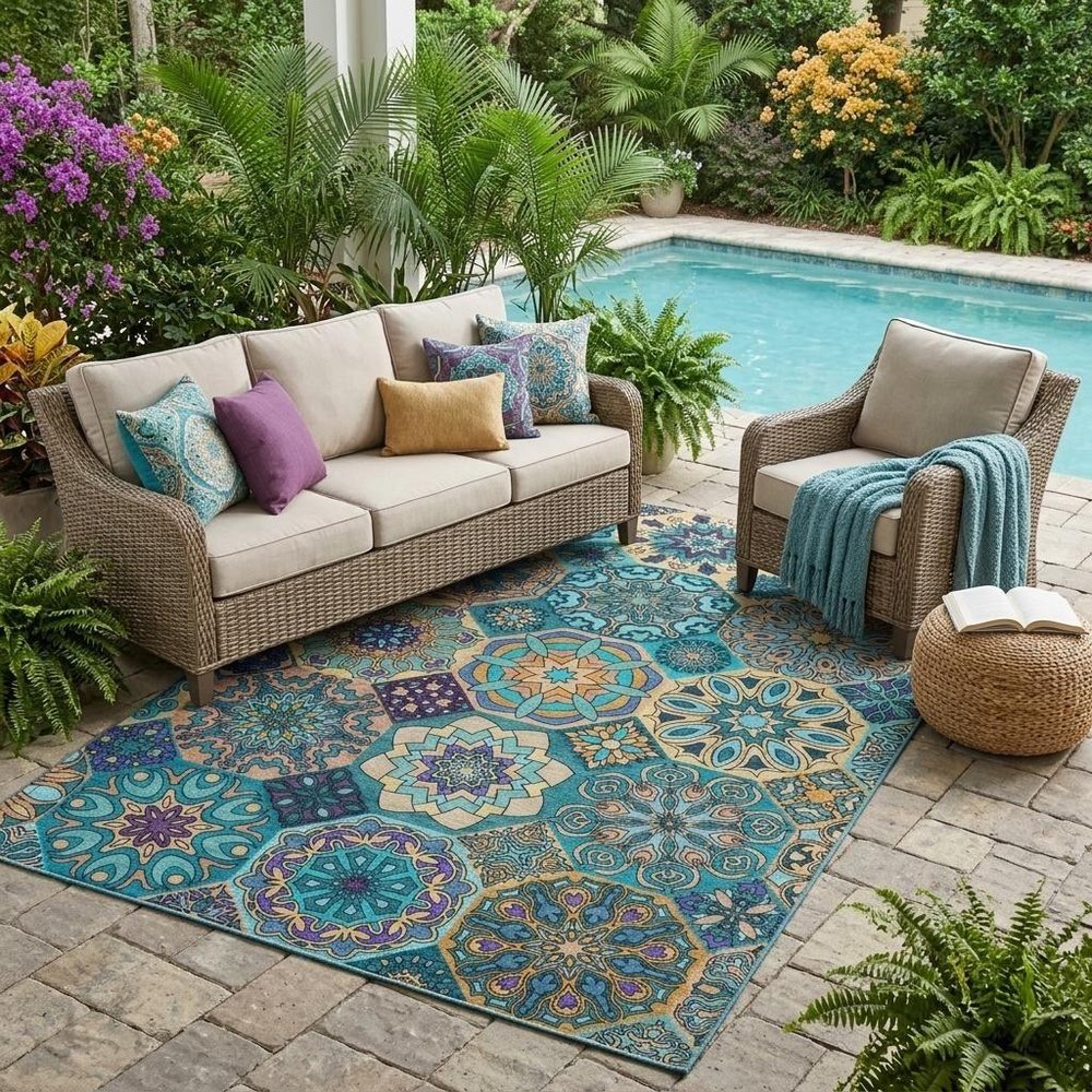 5' X 8' Teal Blue And Turquoise Patchwork Washable Indoor Outdoor Area Rug — view 5