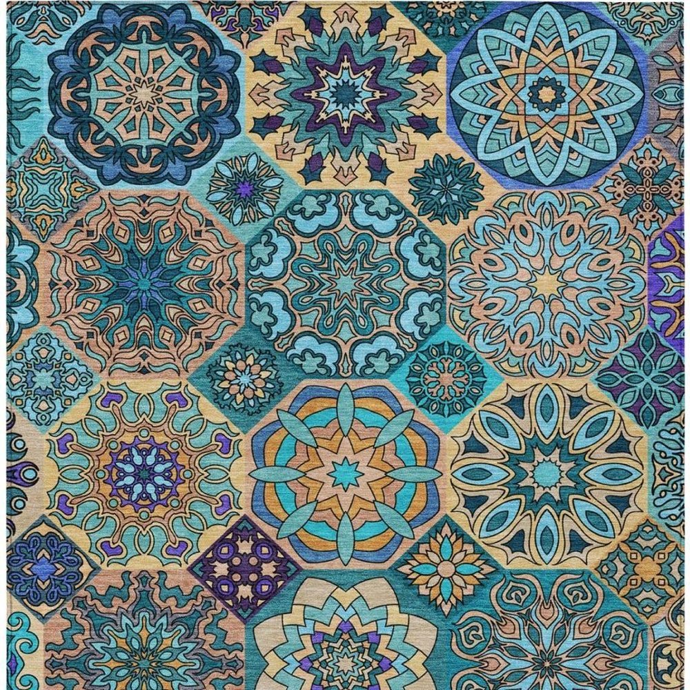 5' X 8' Teal Blue And Turquoise Patchwork Washable Indoor Outdoor Area Rug — view 7