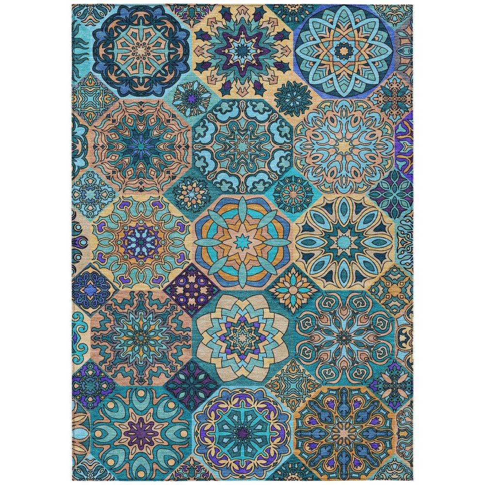 5' X 8' Teal Blue And Turquoise Patchwork Washable Indoor Outdoor Area Rug HomeRoots