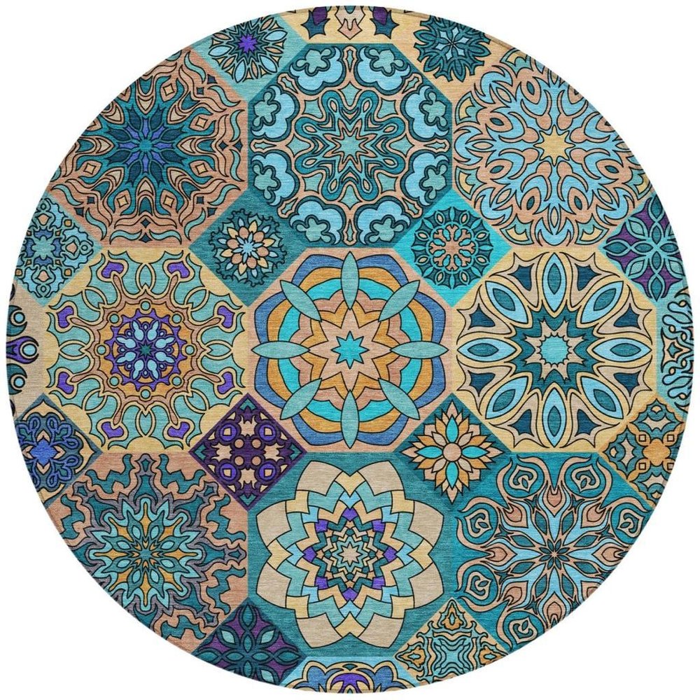 8' Teal Blue And Turquoise Round Patchwork Washable Indoor Outdoor Area Rug — view 6