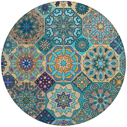 8' Teal Blue And Turquoise Round Patchwork Washable Indoor Outdoor Area Rug HomeRoots