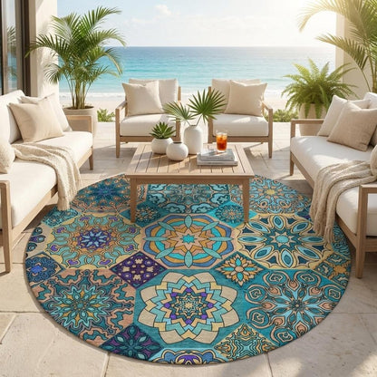 8' Teal Blue And Turquoise Round Patchwork Washable Indoor Outdoor Area Rug HomeRoots