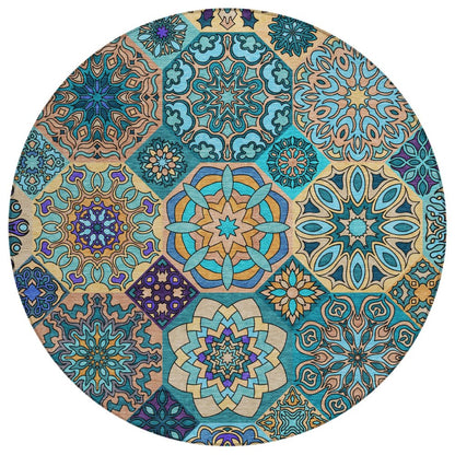 8' Teal Blue And Turquoise Round Patchwork Washable Indoor Outdoor Area Rug