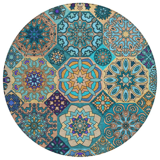 8' Teal Blue And Turquoise Round Patchwork Washable Indoor Outdoor Area Rug