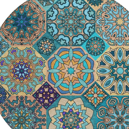 8' Teal Blue And Turquoise Round Patchwork Washable Indoor Outdoor Area Rug HomeRoots