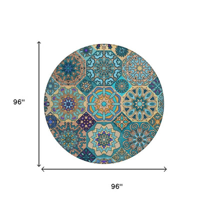 8' Teal Blue And Turquoise Round Patchwork Washable Indoor Outdoor Area Rug HomeRoots