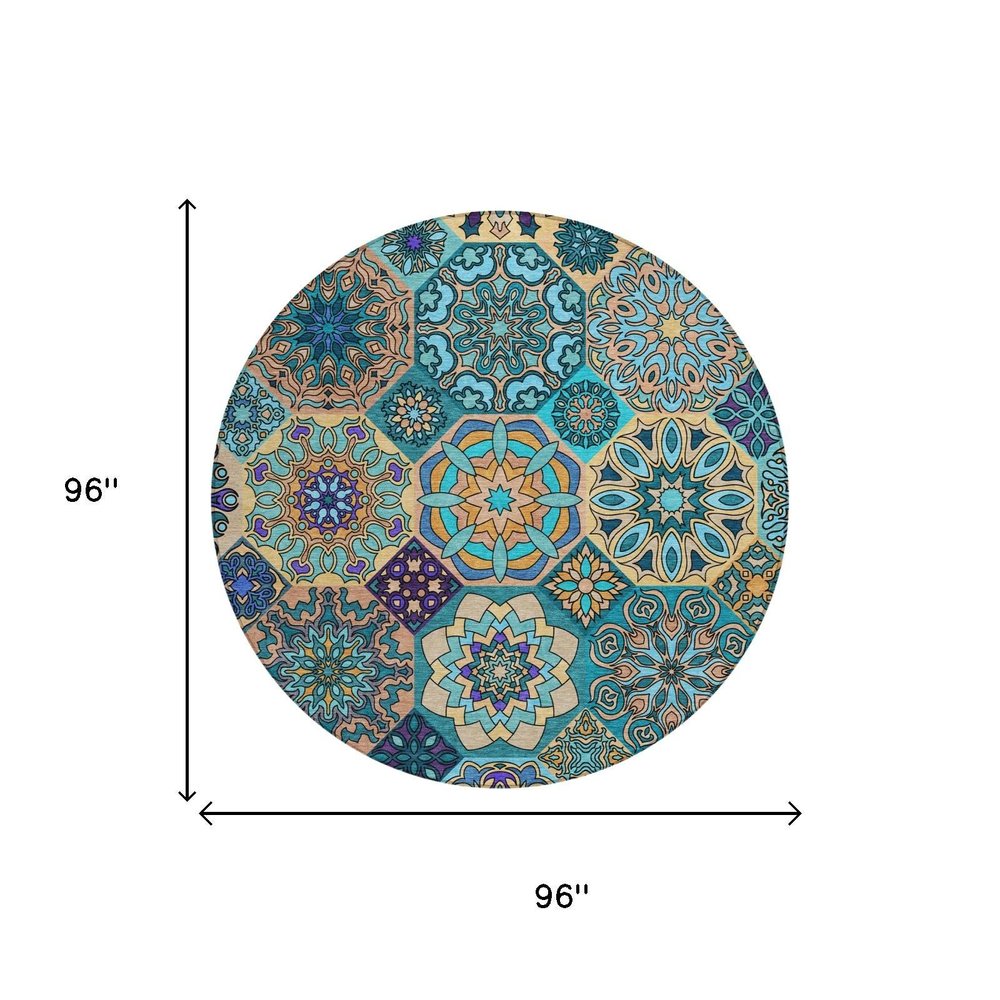 8' Teal Blue And Turquoise Round Patchwork Washable Indoor Outdoor Area Rug