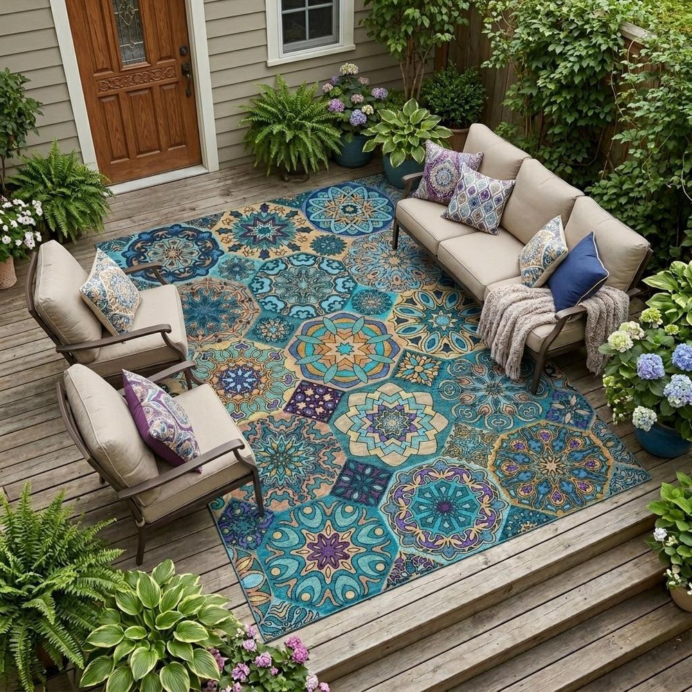 8' X 10' Teal Blue And Turquoise Patchwork Washable Indoor Outdoor Area Rug