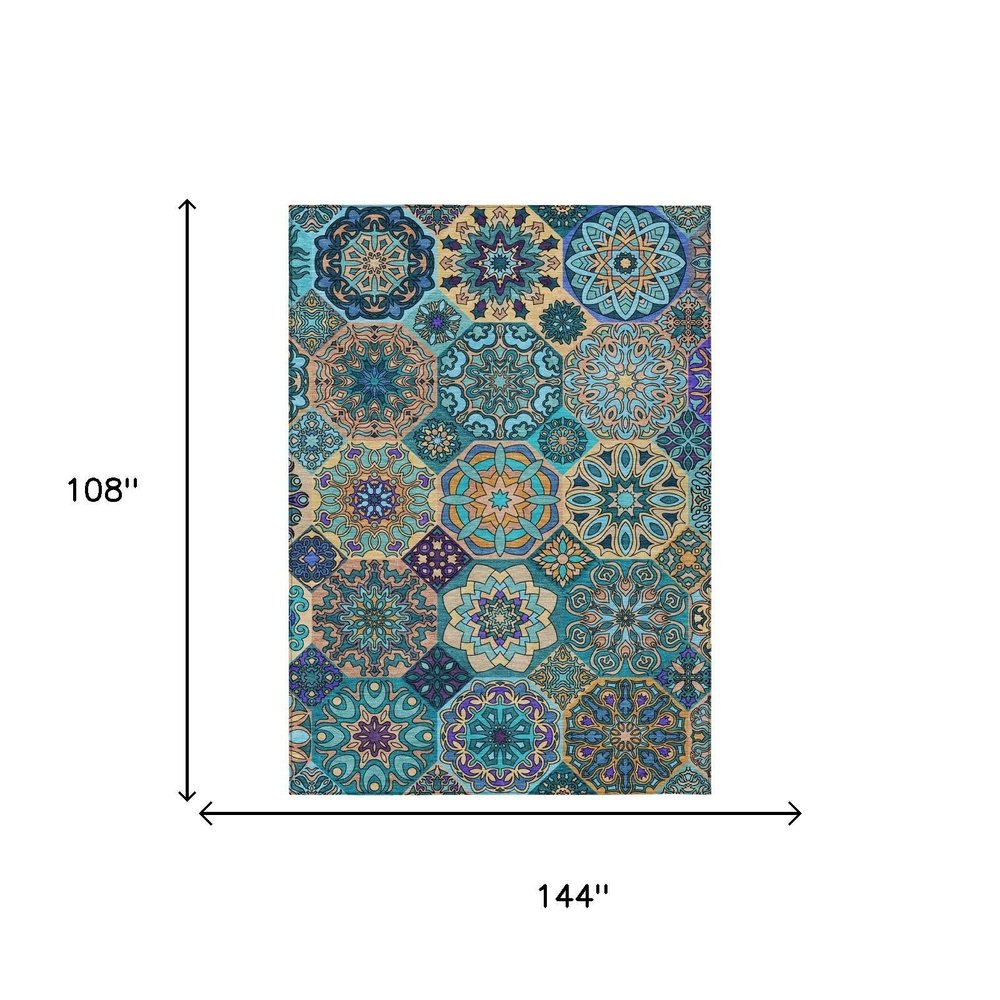 9' X 12' Teal Blue And Turquoise Patchwork Washable Indoor Outdoor Area Rug HomeRoots