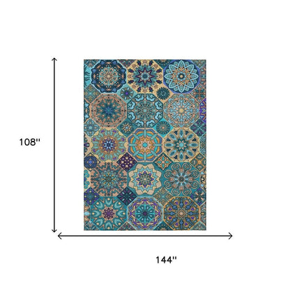 9' X 12' Teal Blue And Turquoise Patchwork Washable Indoor Outdoor Area Rug HomeRoots