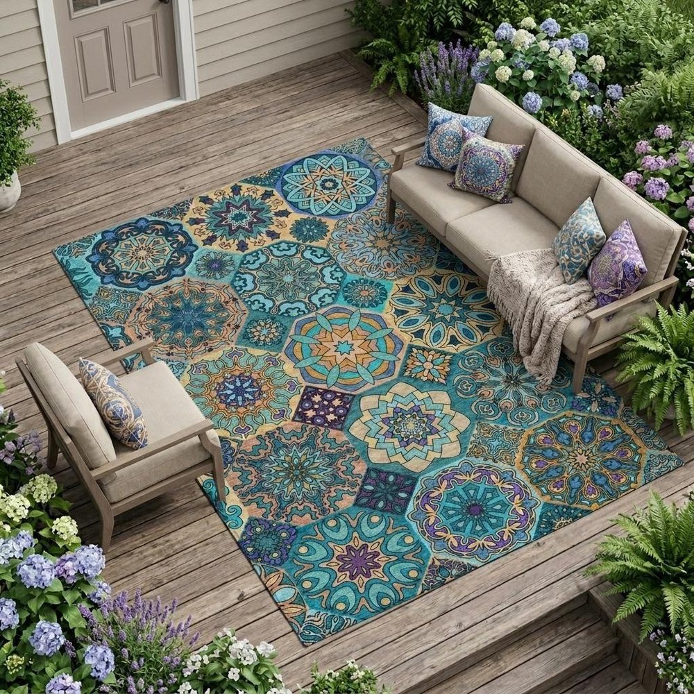 9' X 12' Teal Blue And Turquoise Patchwork Washable Indoor Outdoor Area Rug — view 5