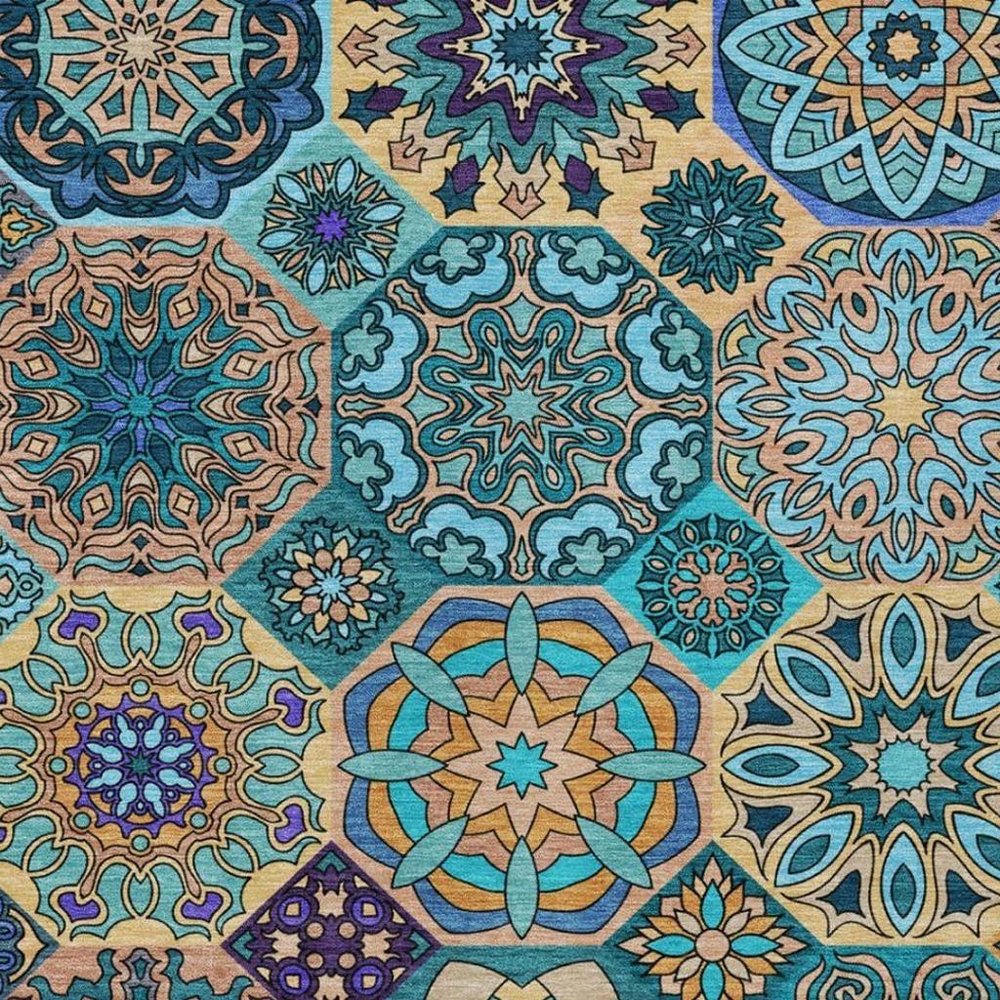 9' X 12' Teal Blue And Turquoise Patchwork Washable Indoor Outdoor Area Rug — view 6