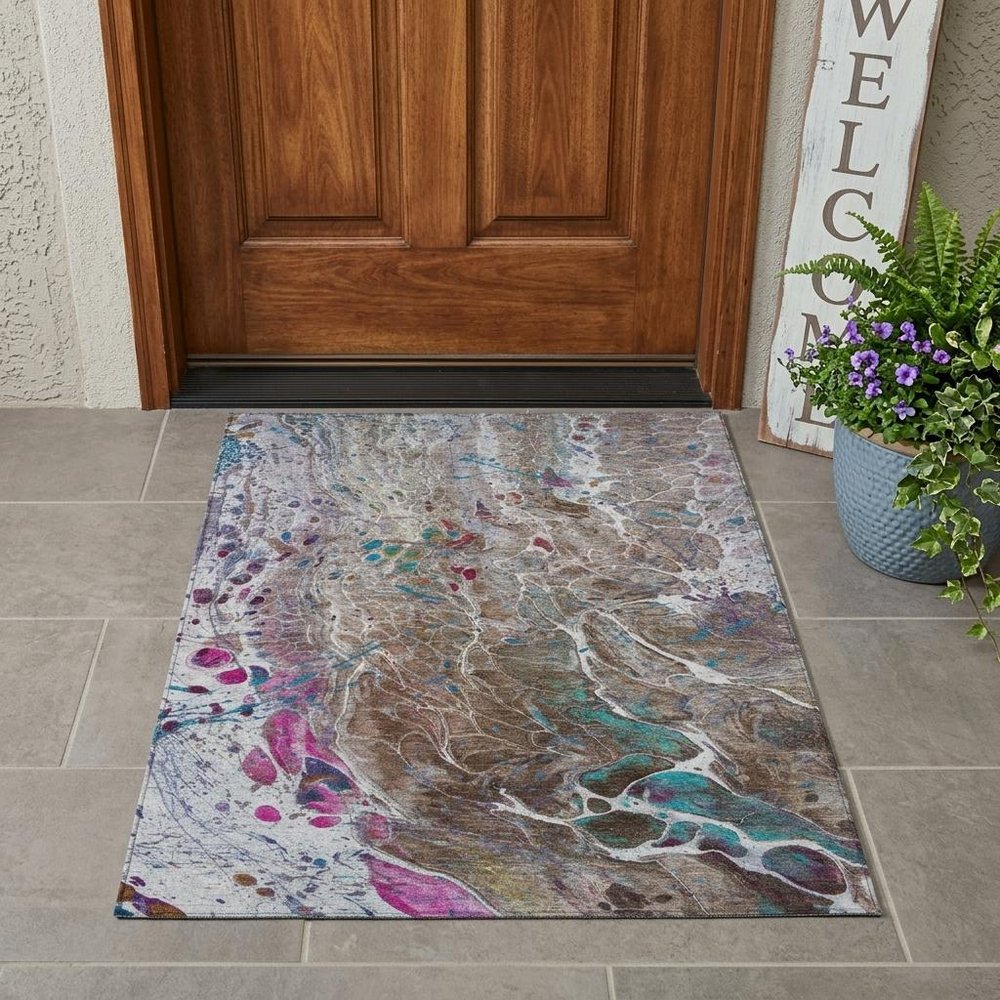 3' X 5' Brown And Gray Abstract Washable Indoor Outdoor Area Rug — view 5