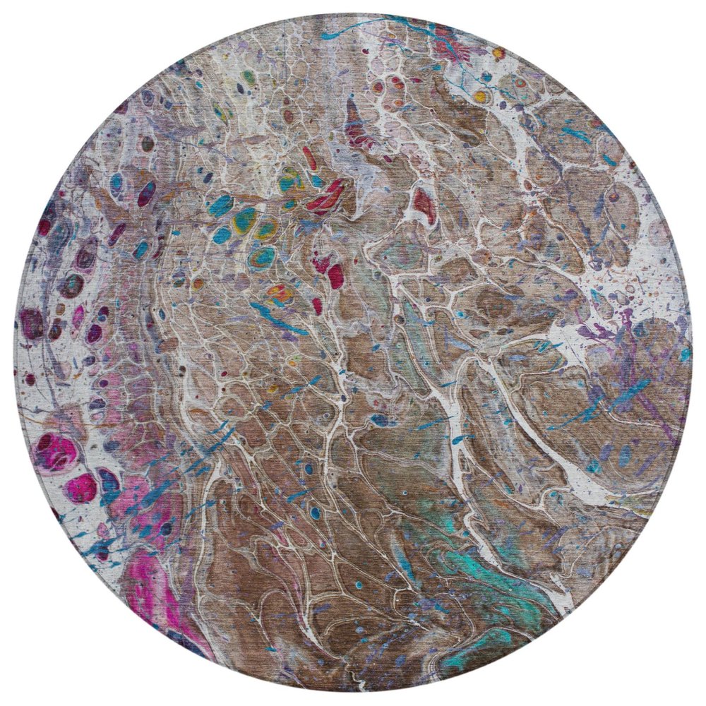 8' Brown And Gray Round Abstract Washable Indoor Outdoor Area Rug HomeRoots