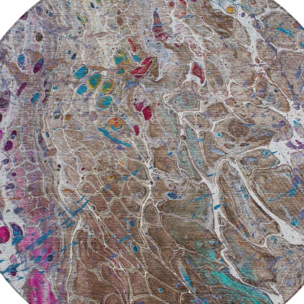 8' Brown And Gray Round Abstract Washable Indoor Outdoor Area Rug — view 5