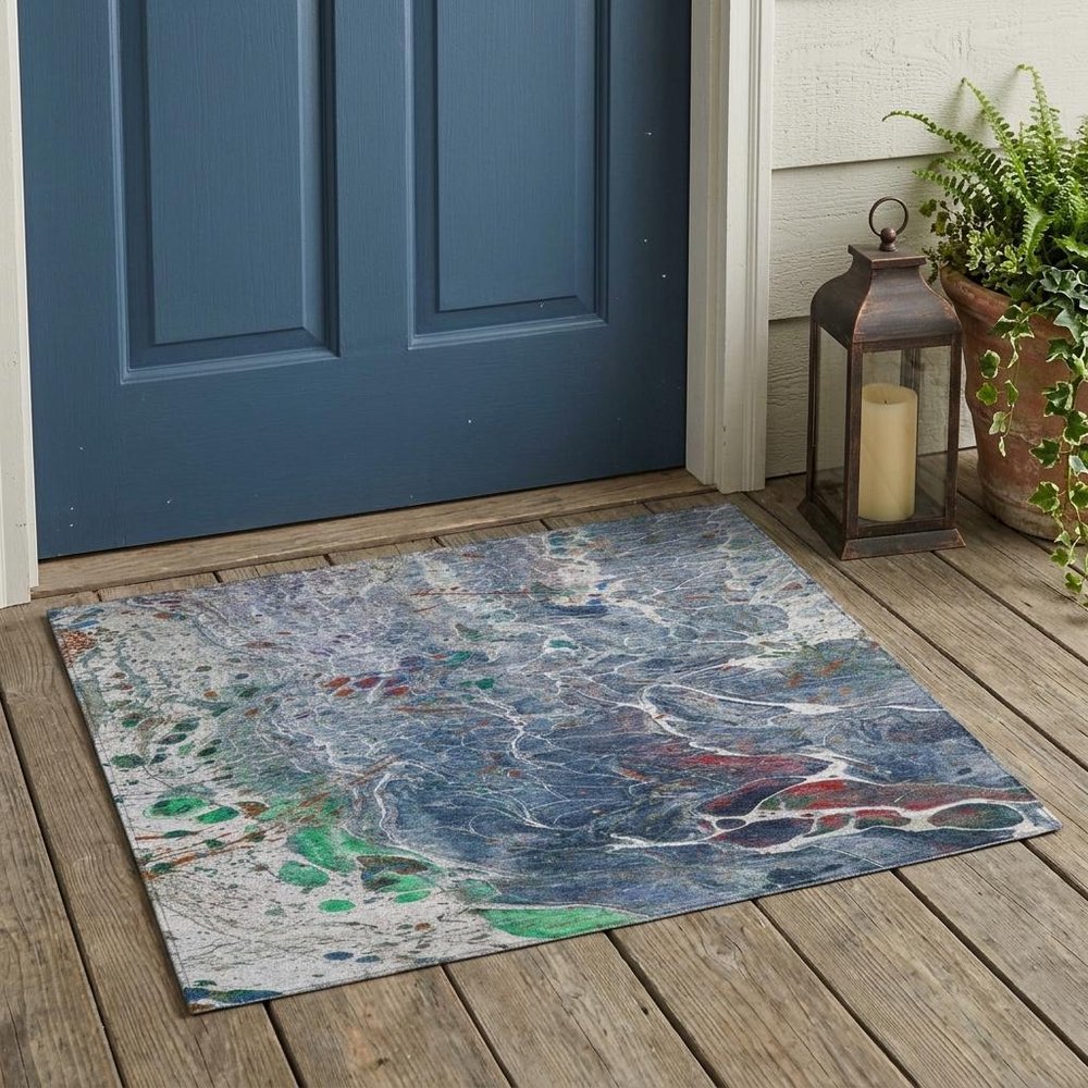 3' X 5' Blue And Pewter Abstract Washable Indoor Outdoor Area Rug HomeRoots