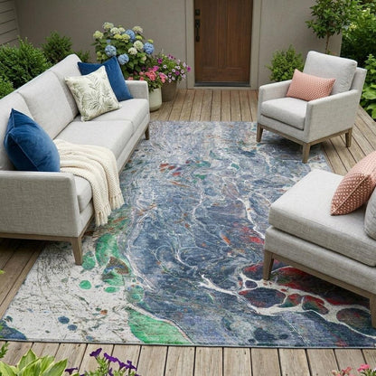 9' X 12' Blue And Pewter Abstract Washable Indoor Outdoor Area Rug HomeRoots