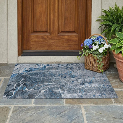 3' X 5' Denim Blue And Blue Abstract Washable Indoor Outdoor Area Rug