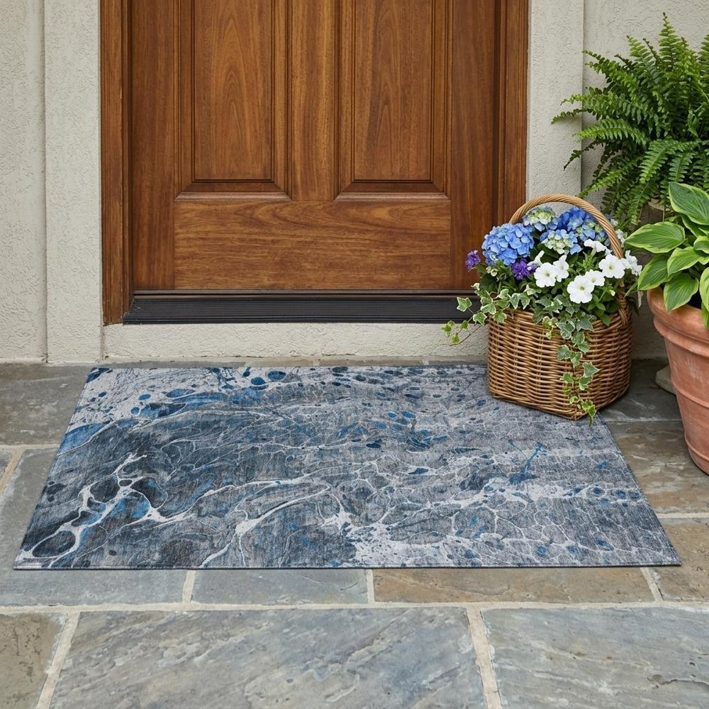 3' X 5' Denim Blue And Blue Abstract Washable Indoor Outdoor Area Rug HomeRoots