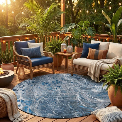 8' Denim Blue And Blue Round Abstract Washable Indoor Outdoor Area Rug HomeRoots