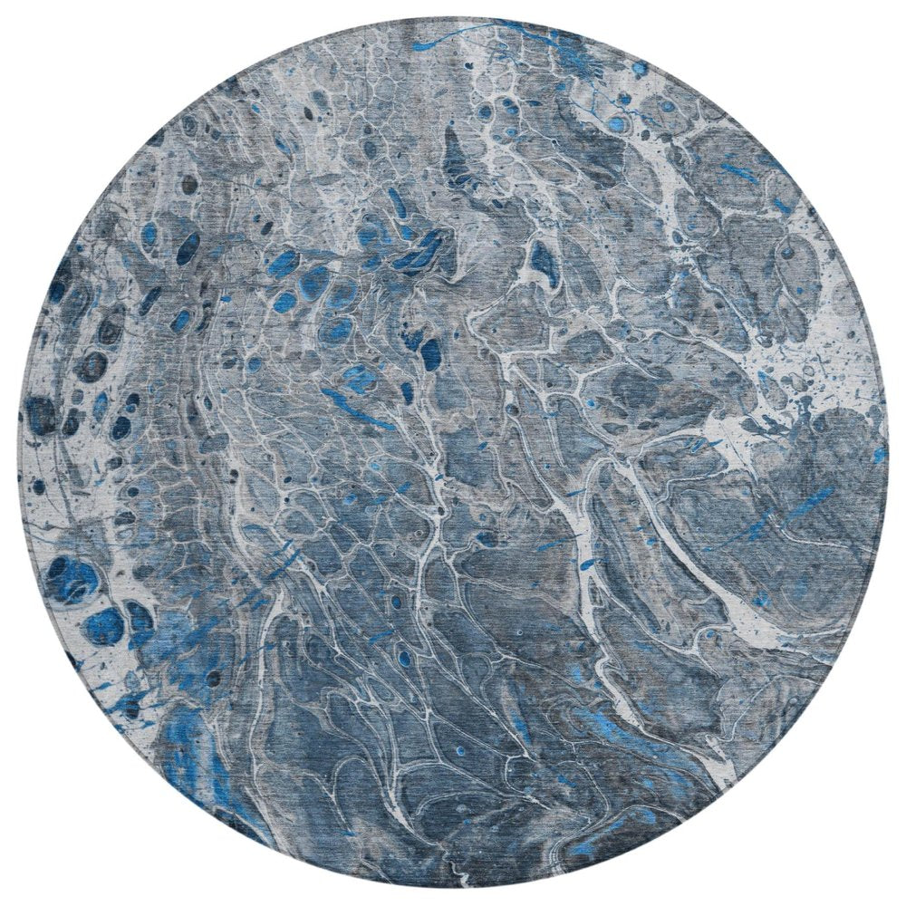8' Denim Blue And Blue Round Abstract Washable Indoor Outdoor Area Rug — view 1