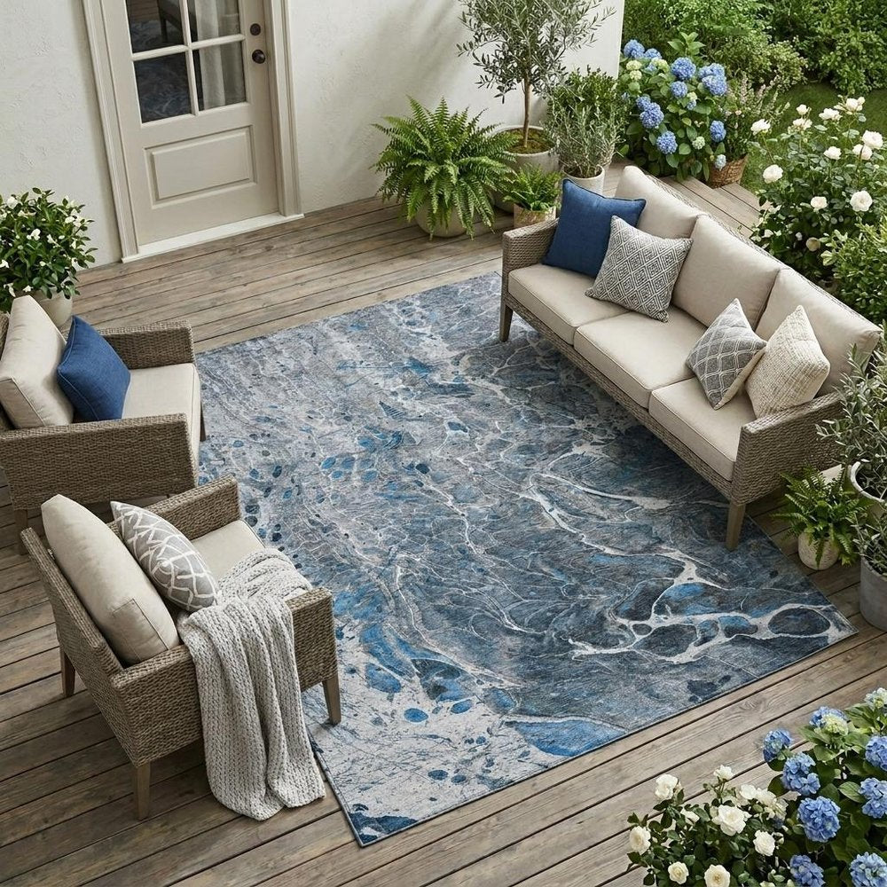 8' X 10' Denim Blue And Blue Abstract Washable Indoor Outdoor Area Rug — view 5