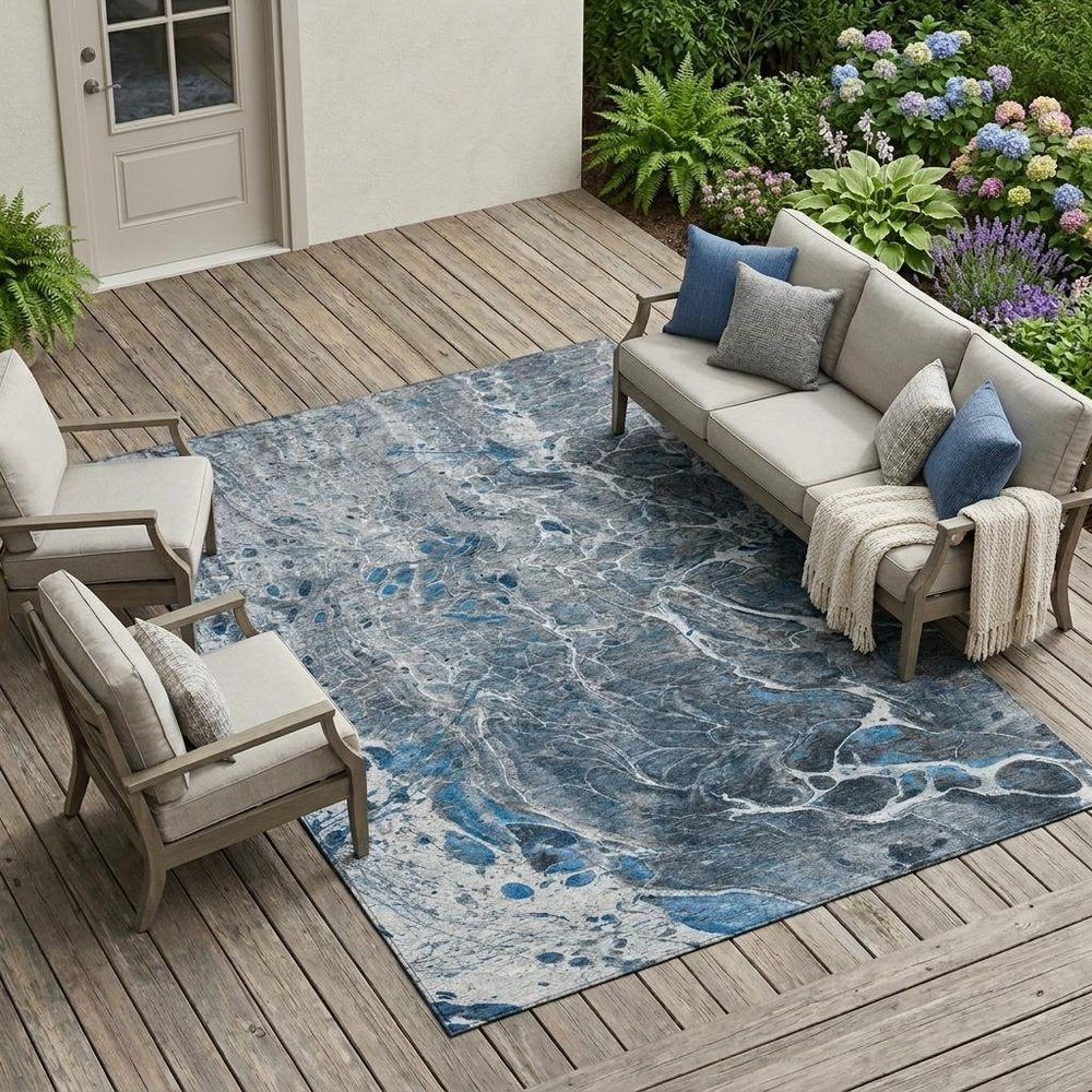 9' X 12' Denim Blue And Blue Abstract Washable Indoor Outdoor Area Rug HomeRoots