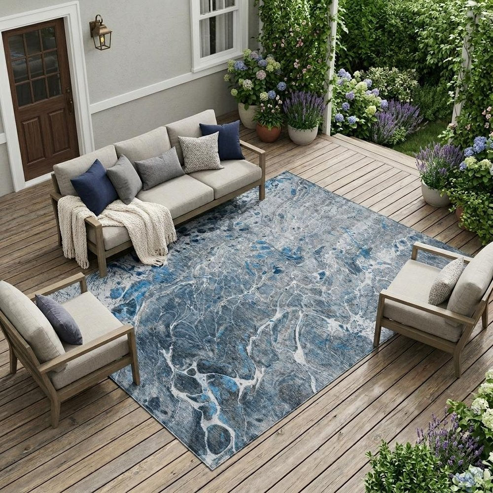 10' X 14' Denim Blue And Blue Abstract Washable Indoor Outdoor Area Rug