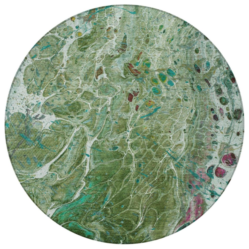 8' Green And Fern Green Round Abstract Washable Indoor Outdoor Area Rug