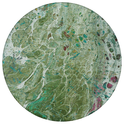 8' Green And Fern Green Round Abstract Washable Indoor Outdoor Area Rug