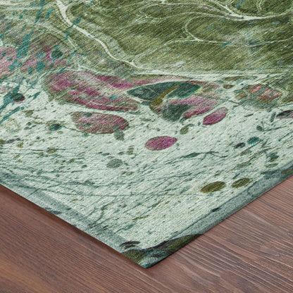 8' Green And Fern Green Round Abstract Washable Indoor Outdoor Area Rug