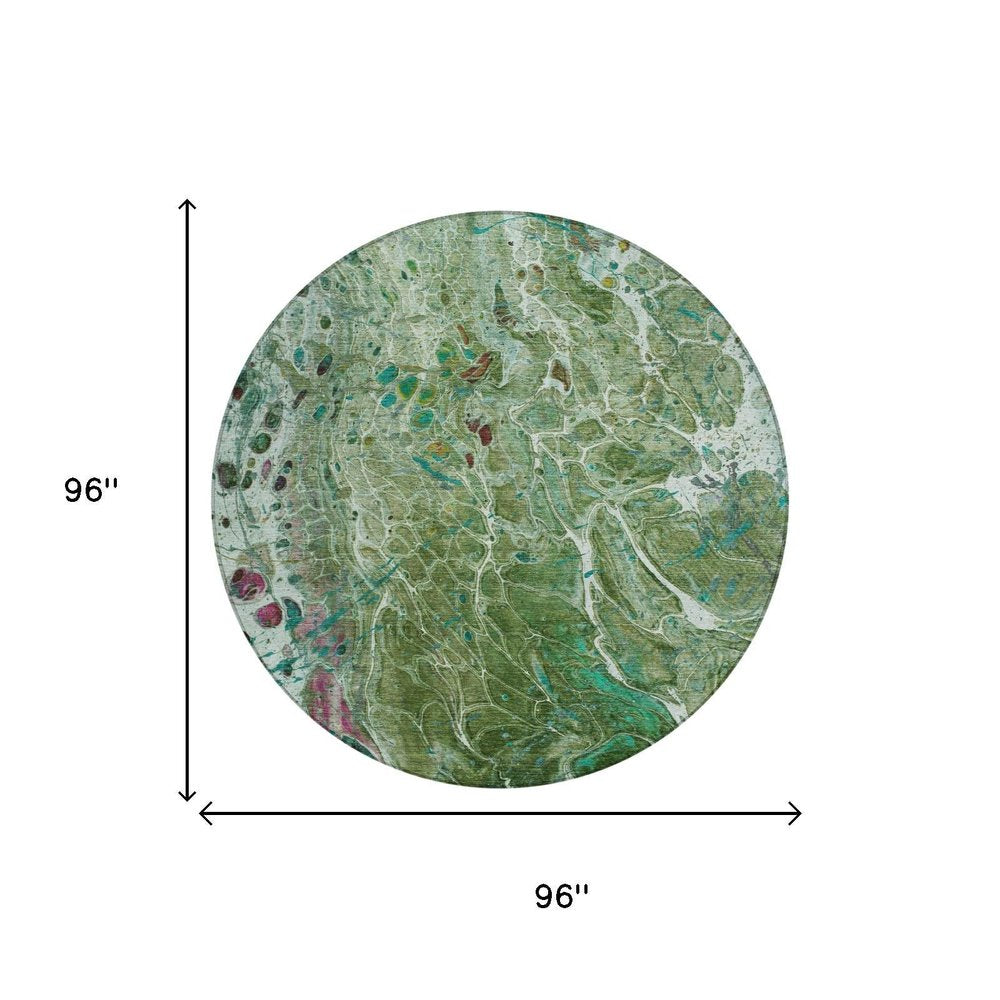 8' Green And Fern Green Round Abstract Washable Indoor Outdoor Area Rug