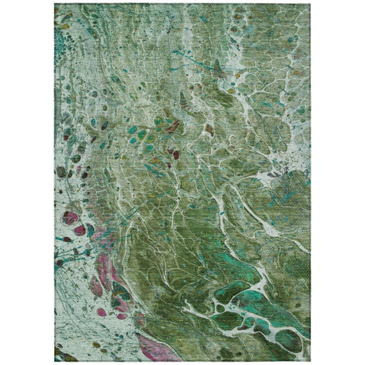 9' X 12' Green And Fern Green Abstract Washable Indoor Outdoor Area Rug