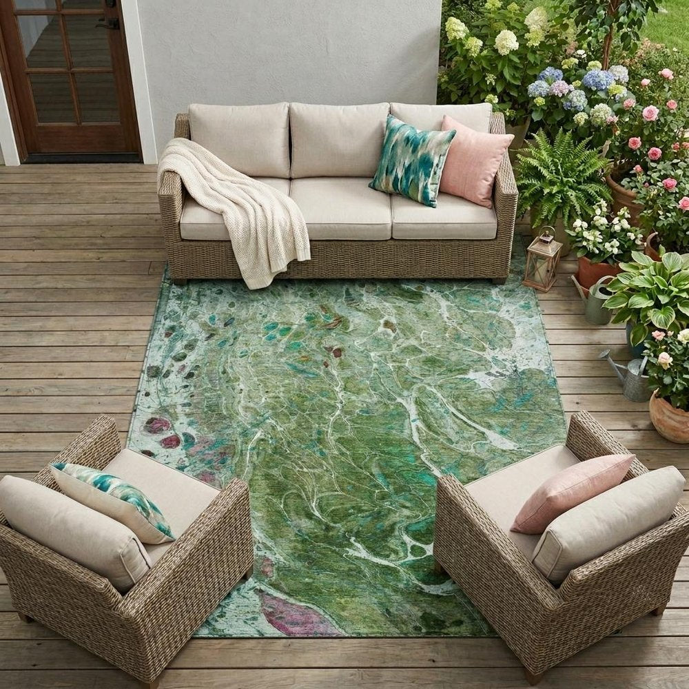 10' X 14' Green And Fern Green Abstract Washable Indoor Outdoor Area Rug — view 5