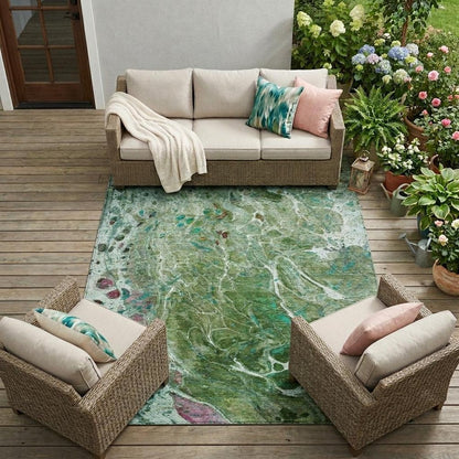 10' X 14' Green And Fern Green Abstract Washable Indoor Outdoor Area Rug