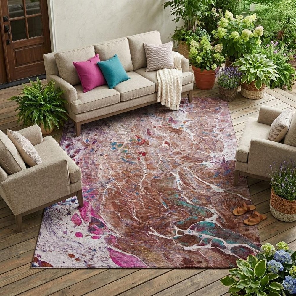 8' X 10' Orange And Blush Abstract Washable Indoor Outdoor Area Rug — view 5